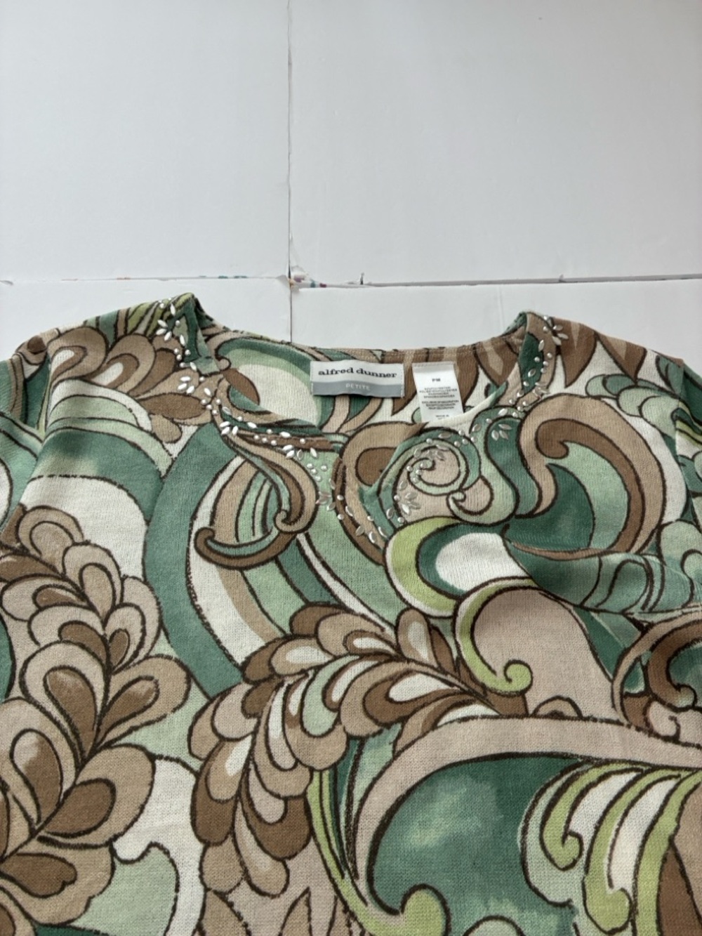Alfred Dunner Boho Embellished Green and Brown Swirl Patterned Fringe Hem Blouse - Picture 4 of 9